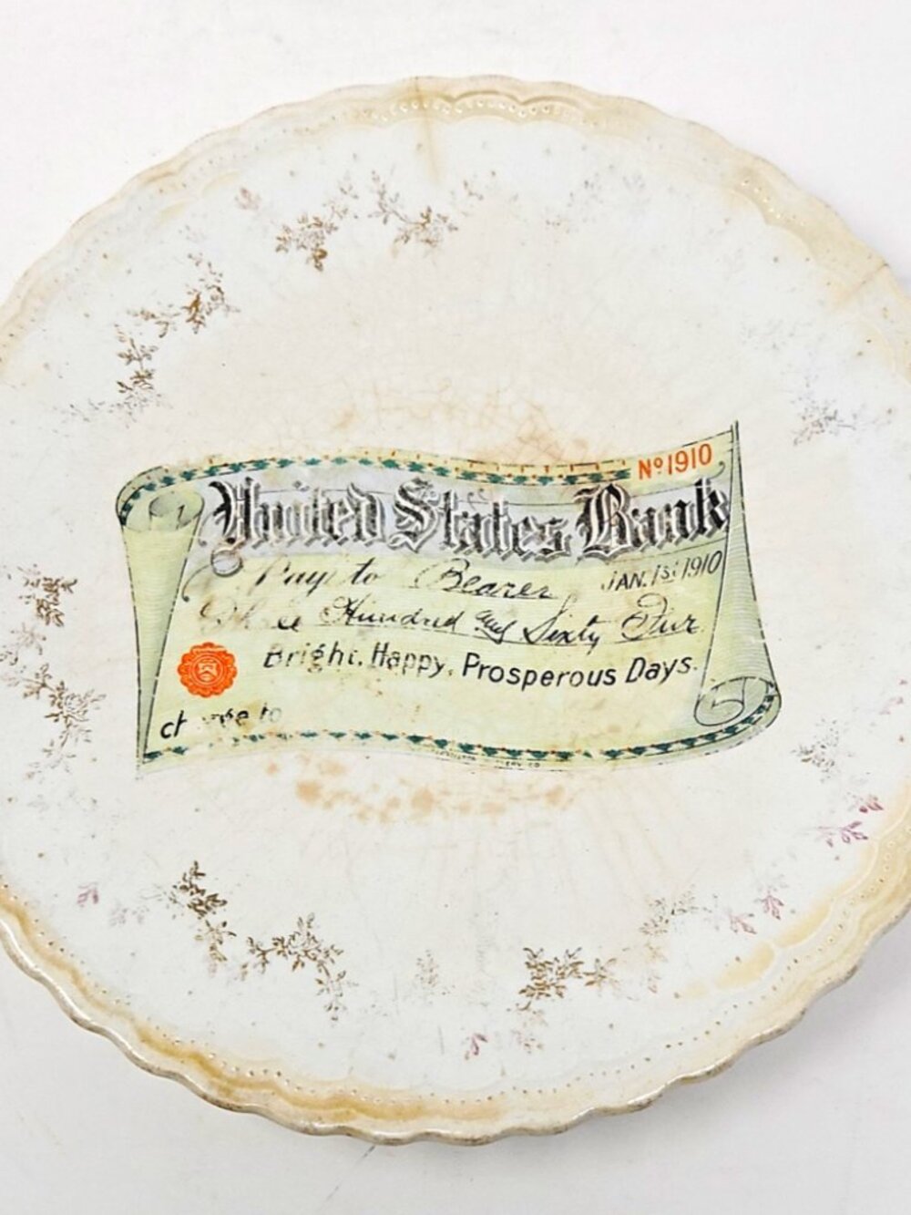 Antique 1910 New Years Prosperity US Bank Check Plate Carrollton Pottery Toned